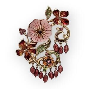 Floral & Mother-of-Pearl Style Brooch Pink Blossoms, Rhinestones & Dangle Pearls
